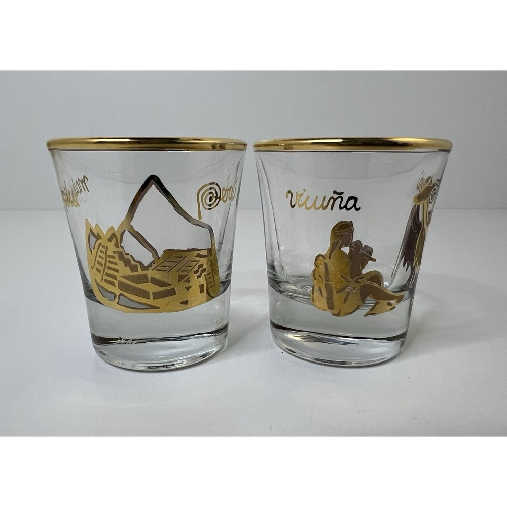 Exquisite Peruvian Shot Glasses Set of 2 With Gold Rim 14k Handmade Authentic